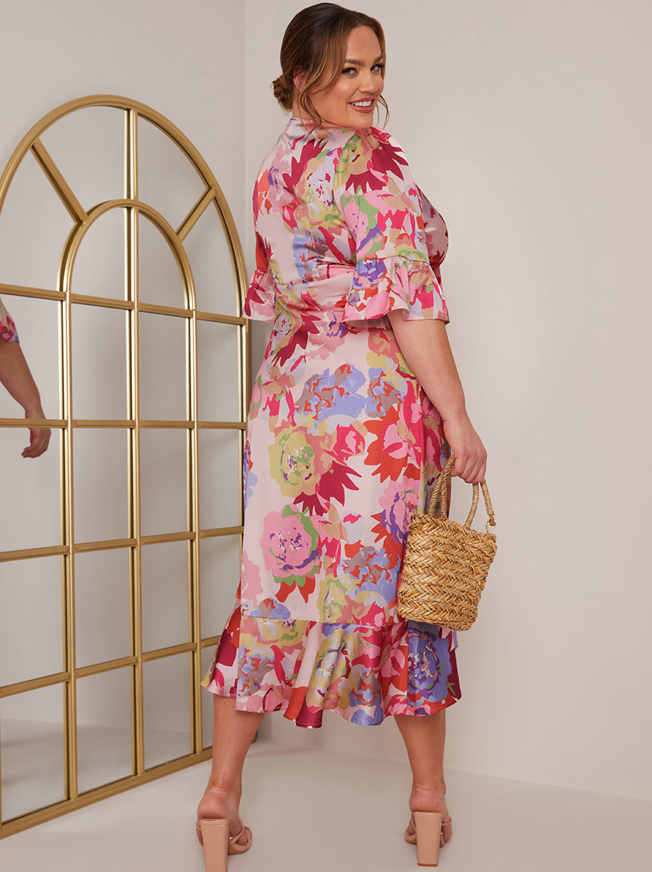 Plus Size Short Sleeve Tie Front Floral Midi Dress in Pink