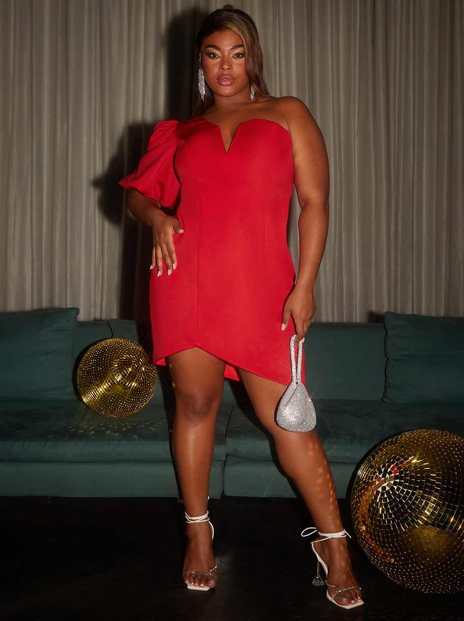 Plus Size One Shoulder Puff Sleeve Bodycon Dress in Red
