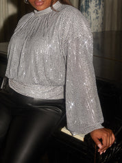Plus Size Long Sleeve Sequin Top in Grey