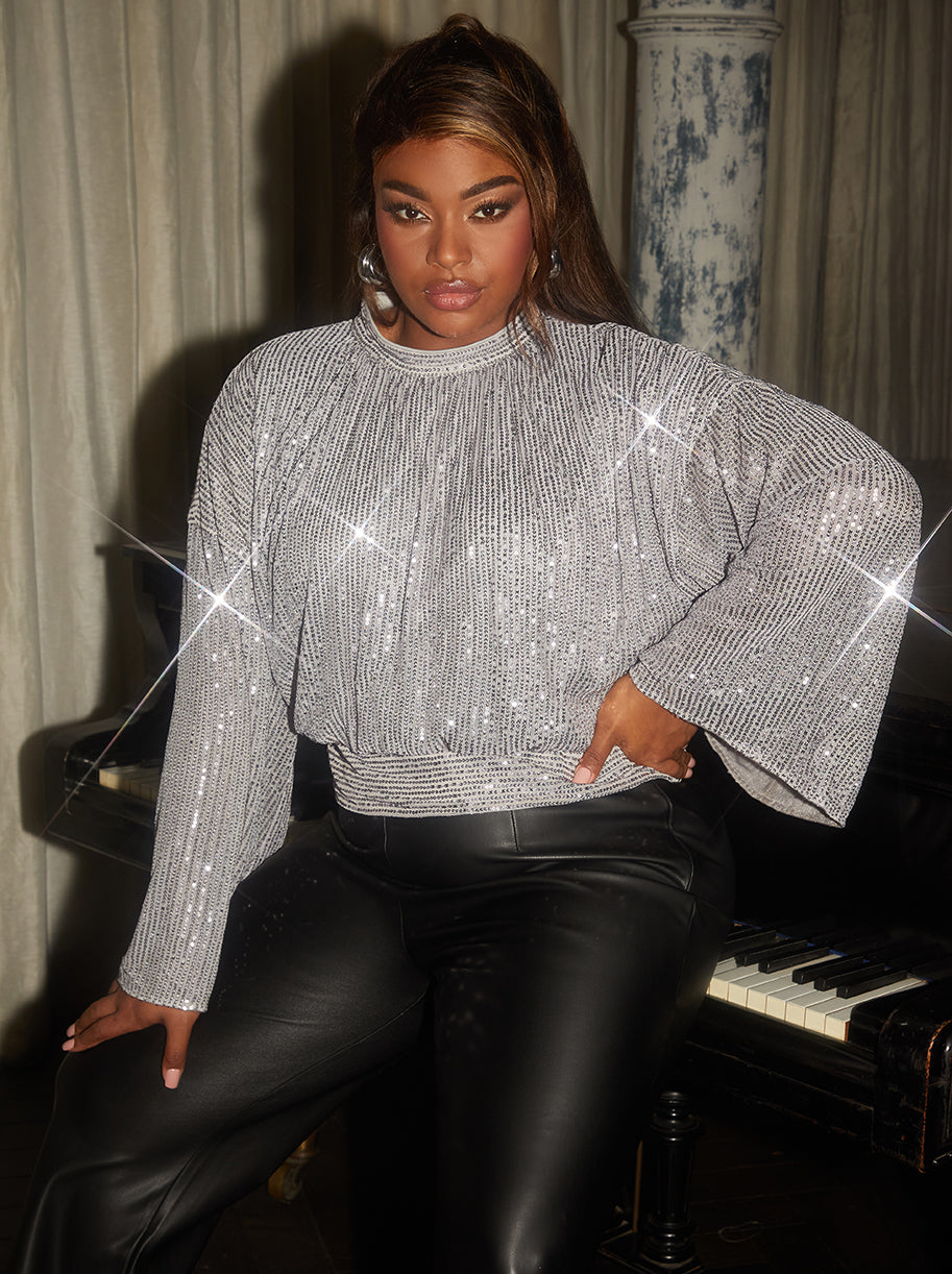 Plus Size Long Sleeve Sequin Top in Grey