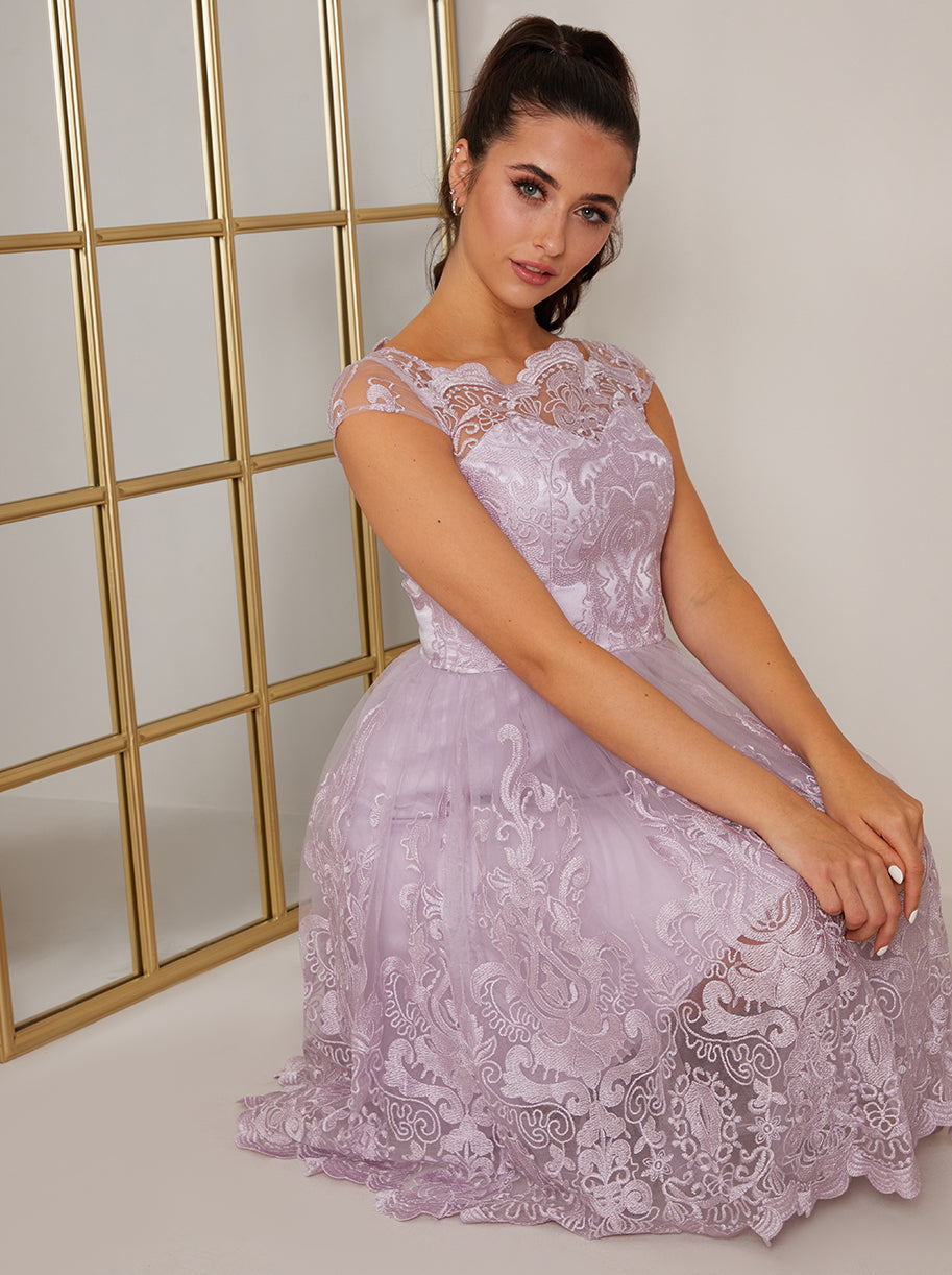 Cap Sleeved Embroidered Scallop Hem Midi Dress in Lilac