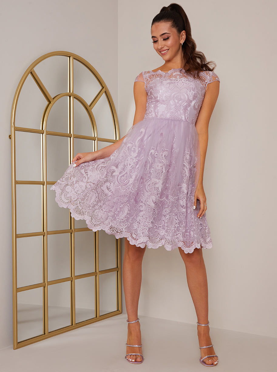 Cap Sleeved Embroidered Scallop Hem Midi Dress in Lilac