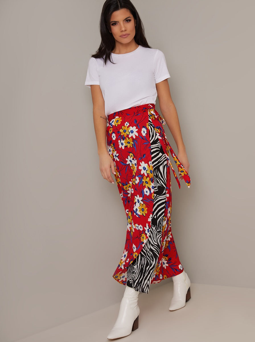 Floral Contrast Print Longline Midi Skirt