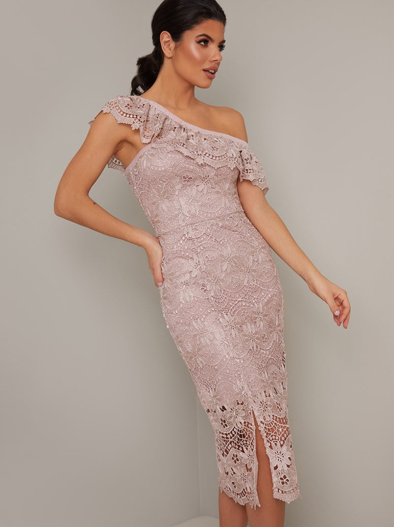 Cross Shoulder Detail Lace Crochet Midi Dress in Pink