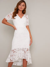 Short Sleeved Crochet Peplum Hem Midi Dress in White