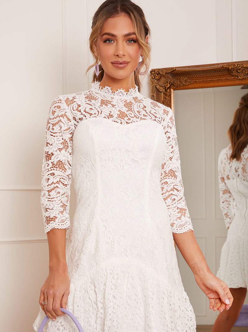 Long Sleeve Lace Midi Skater Dress in White – Chi Chi London