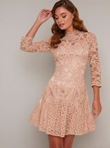 Lace Overlay Long Sleeved Dress In Rose Gold