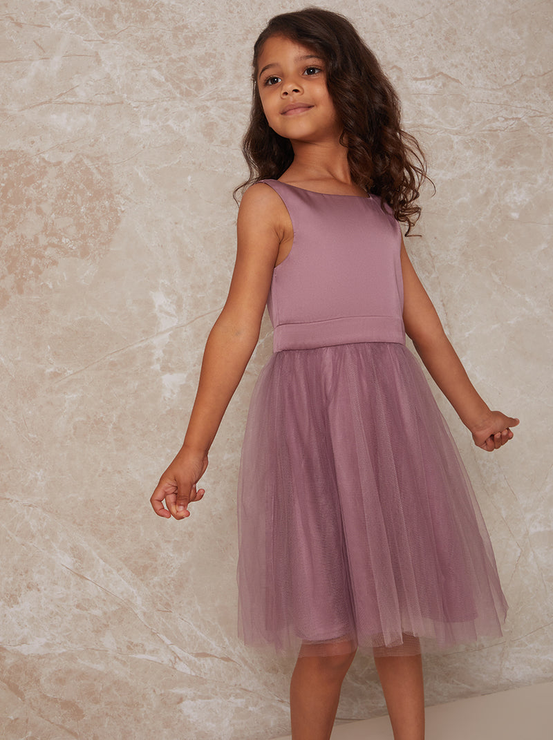 Girls Bow Detail Tulle Flowergirl Dress in Lilac