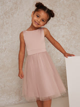 Younger Girls Bow Detail Tulle Dress in Pink