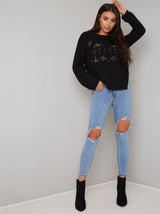 Floral Embroidered Knitted Jumper in Black