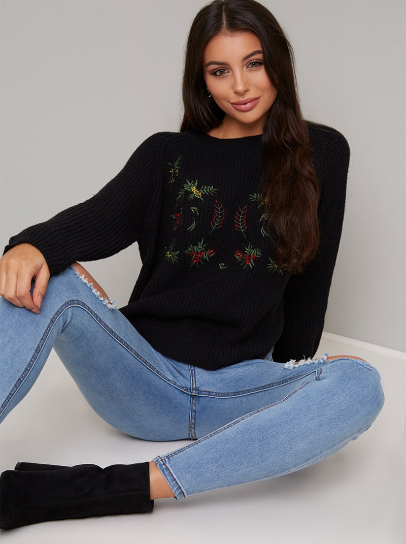 Floral Embroidered Knitted Jumper in Black