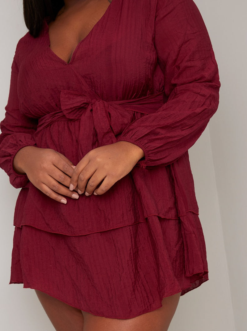 Plus Size Tiered Mini Day Dress in Burgundy