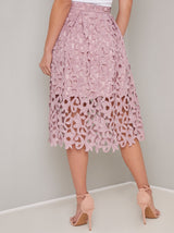 Lace Overlay Midi Skirt in Pink