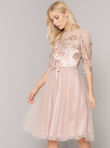 Sheer Lace 3/4 Sleeved Tulle Midi Dress in Pink