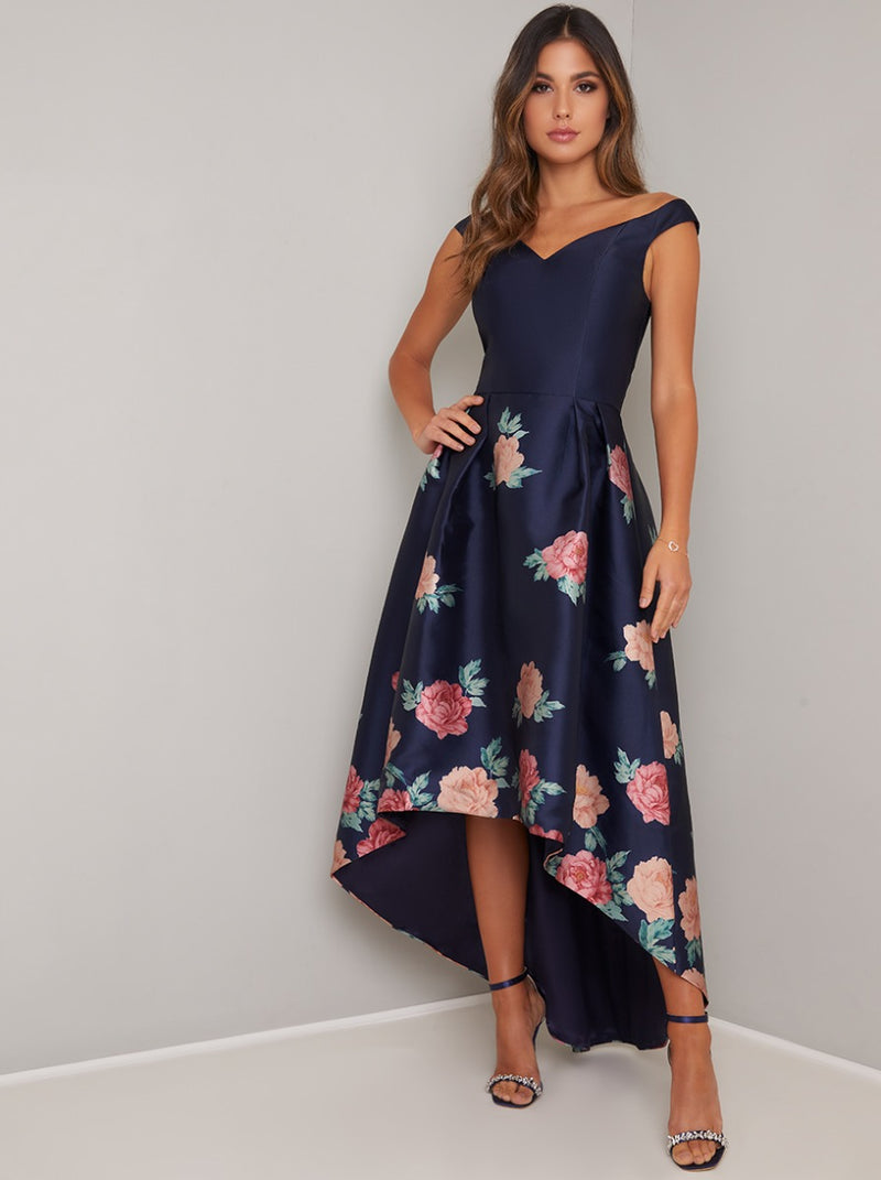 Floral Print Bardot Dip Hem Midi Dress in Blue