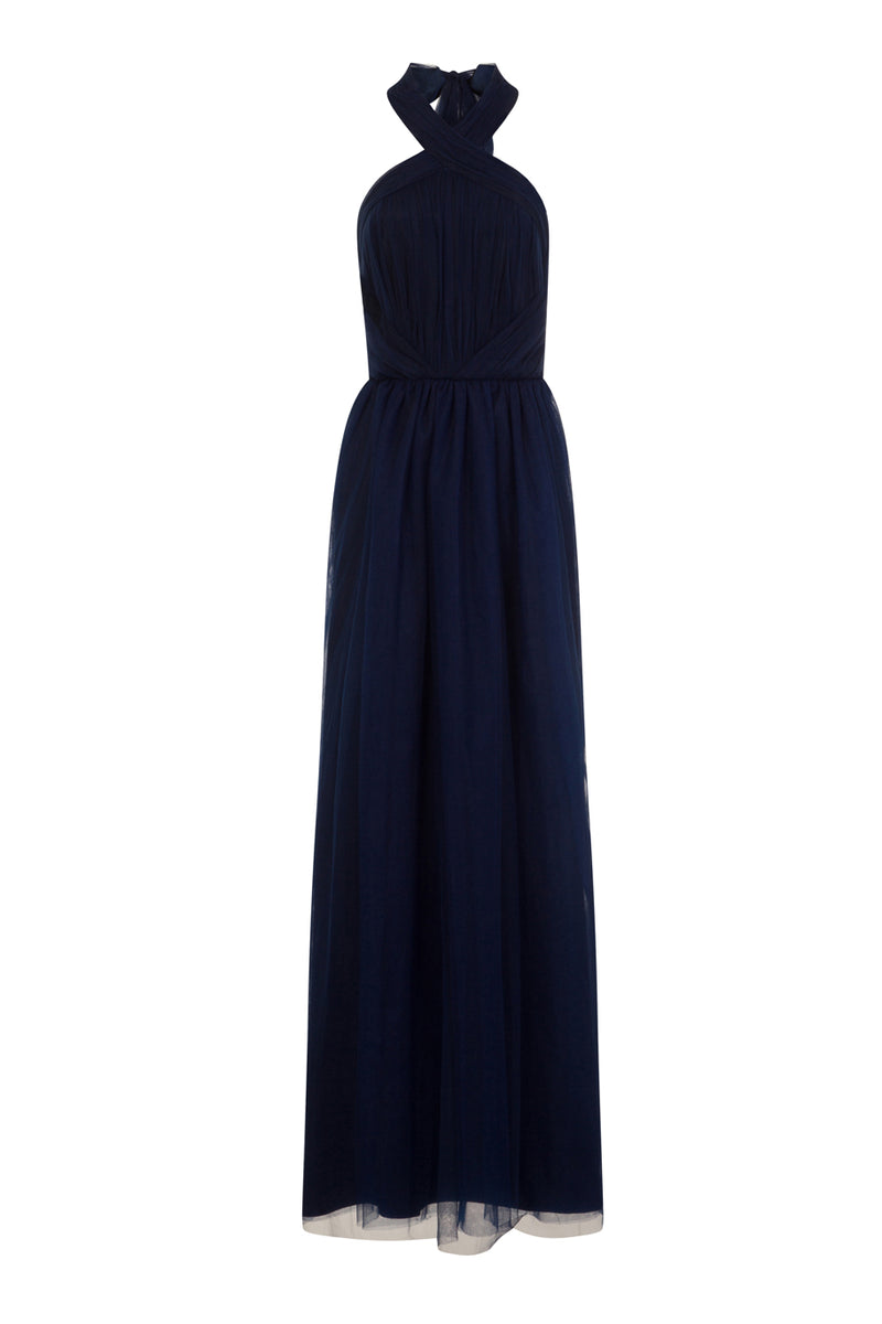 Halter Neck Ruched Maxi Dress in Navy