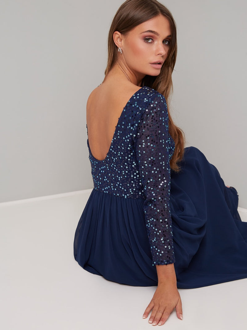 Long Sleeved Sequin Bodice Maxi Dress in Blue