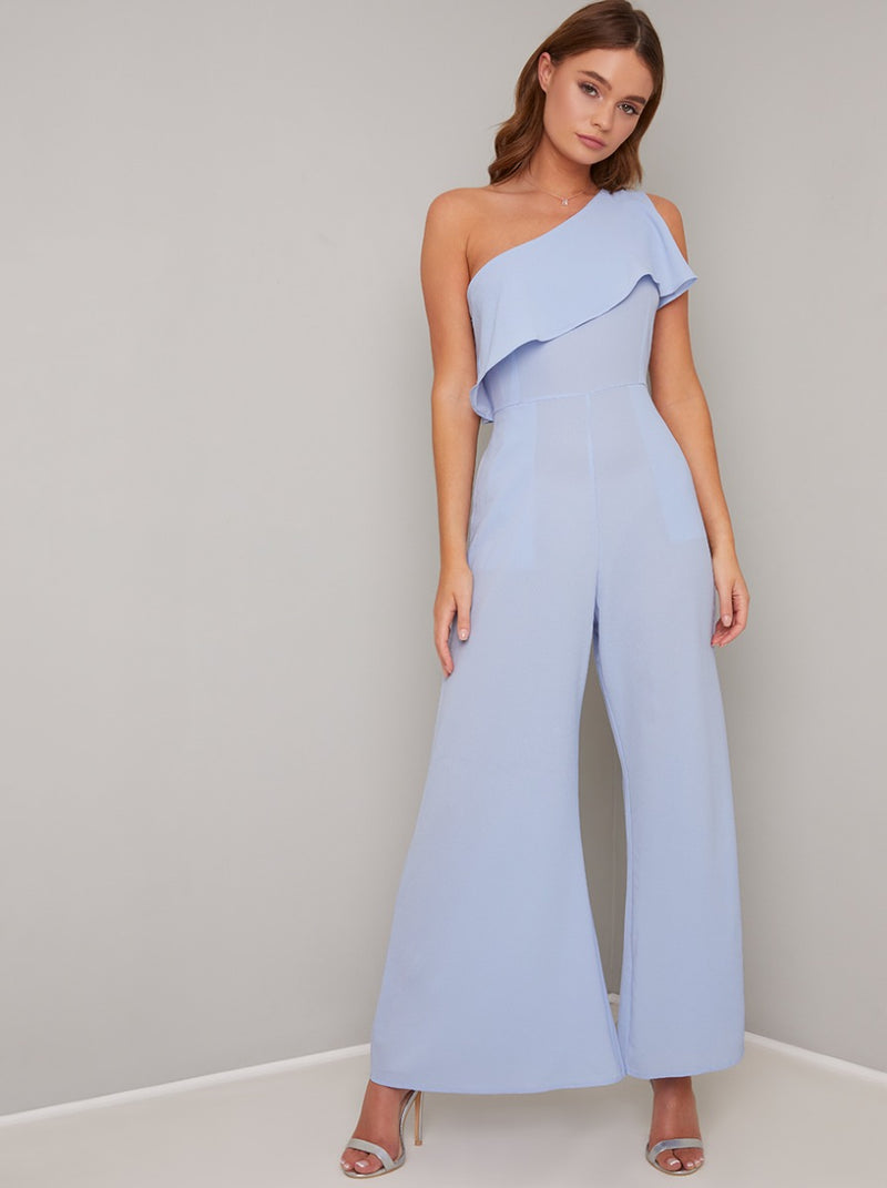One Shoulder Frill Detail Wide Leg Jumpsuit in Blue – Chi Chi London