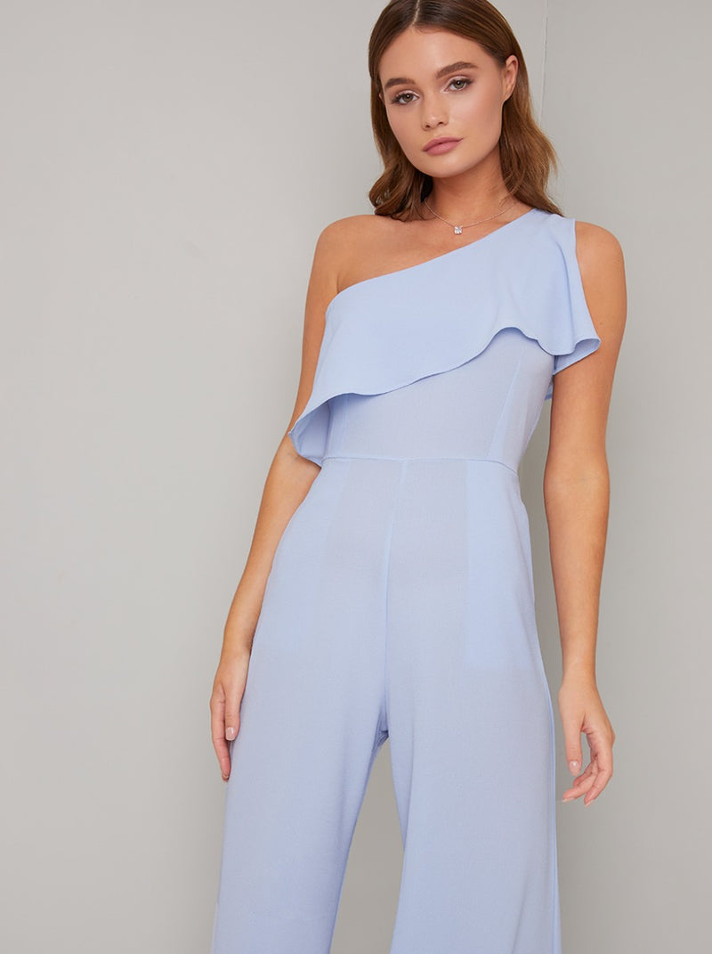 One Shoulder Frill Detail Wide Leg Jumpsuit in Blue – Chi Chi London