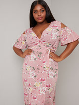 Plus Size Floral Wrap Detail Midi Dress in Pink