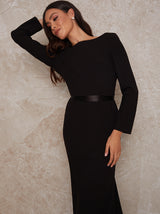 Long Sleeve Backless Maxi Dress with Satin Waist Tie in Black