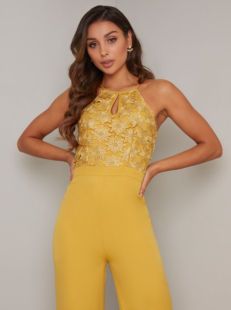 Lace Bodice Wide Leg Jumpsuit in Yellow