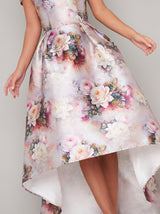 Floral Print Bardot Dip Hem Midi Dress in Pink