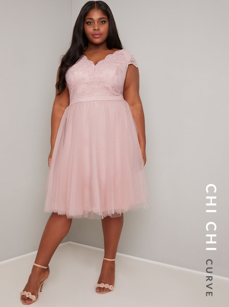 Plus Size Lace Bodice Tulle Midi Dress in Pink