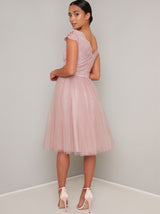 Petite Scalloped Lace Bodice Tulle Midi Dress in Pink