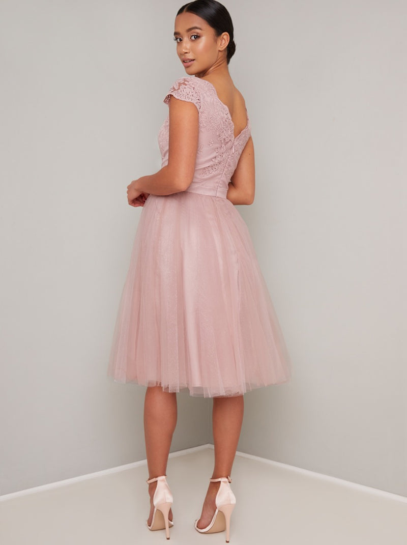 Petite Scalloped Lace Bodice Tulle Midi Dress in Pink