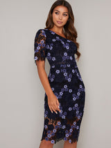Floral Crochet Mid Sleeved Bodycon Dress in Blue