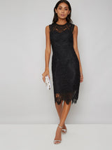 Premium  Lace Overlay Bodycon Midi Dress in Black