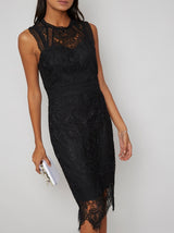 Premium  Lace Overlay Bodycon Midi Dress in Black
