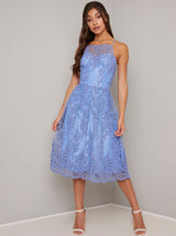 Cami Strap Lace Embroidered Midi Dress in Blue