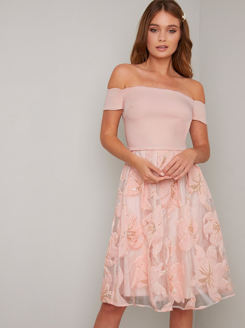 Bardot Fitted Bodice Embroidered Midi Dress in Pink