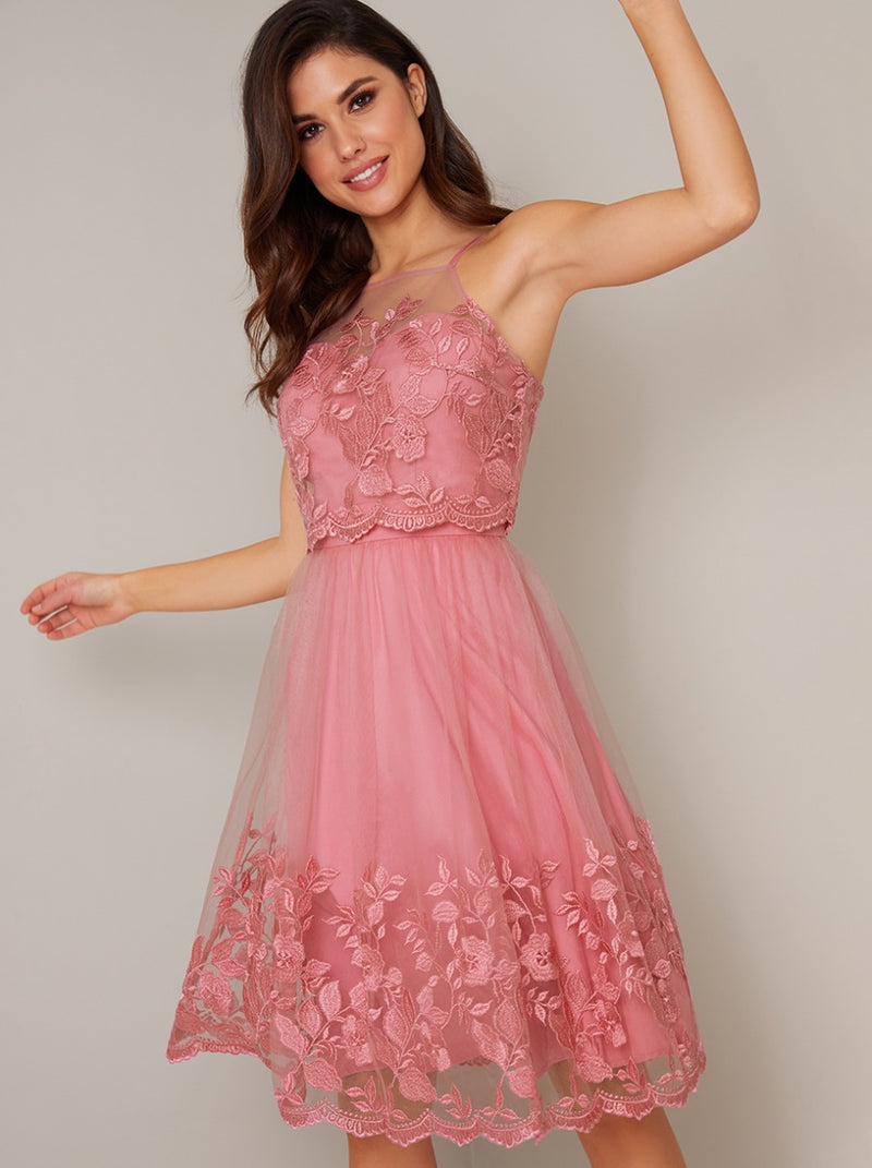Cami Strap Embroidered Overlay Midi Dress in Pink