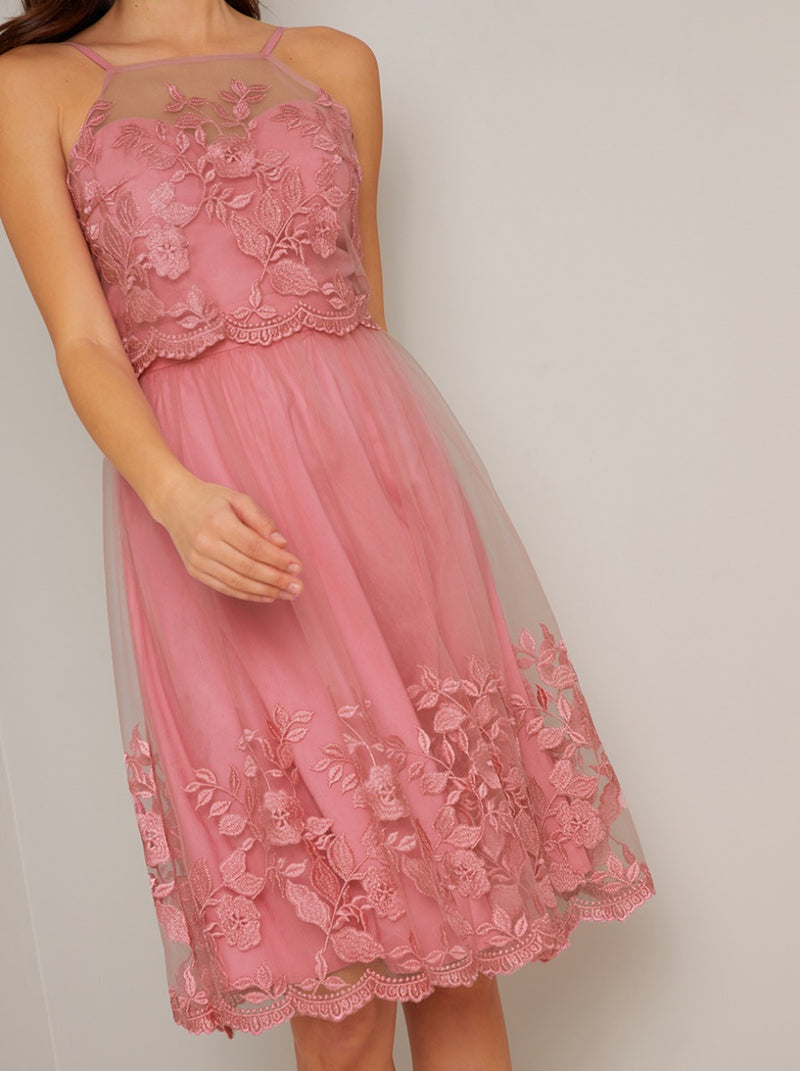 Cami Strap Embroidered Overlay Midi Dress in Pink