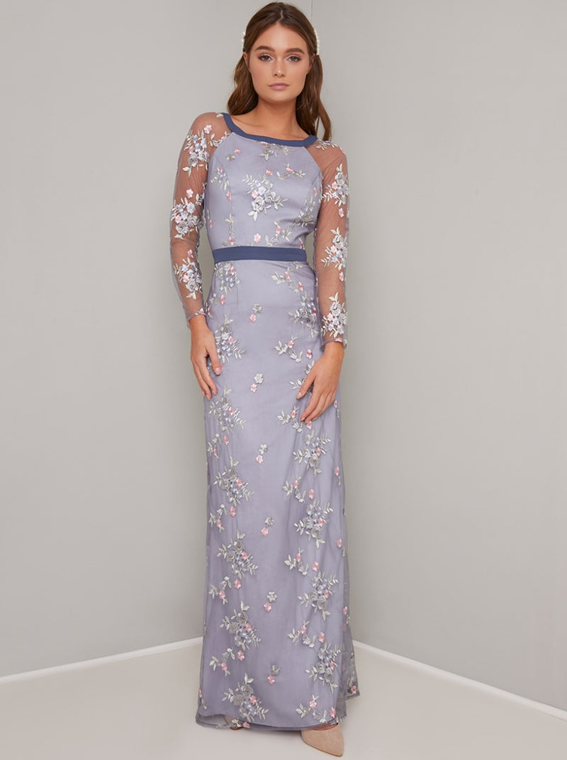 Floral Embroidered Overlay Maxi Dress in Blue