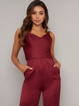Cowl Neck Wide Leg Jump Suit in Red