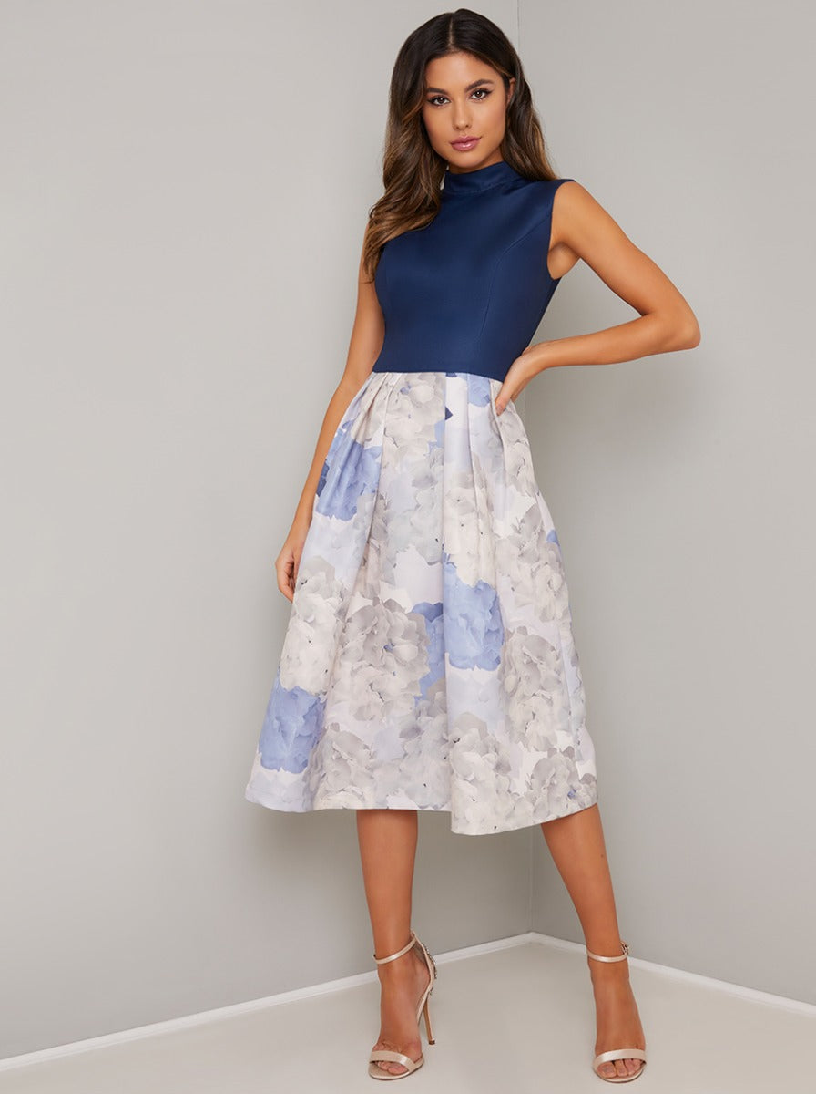 Floral Contrast Midi Dress in Blue – Chi Chi London