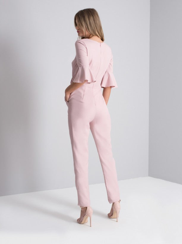 Flute Sleeved Wrap Detail Tapered Jumpsuit in Pink
