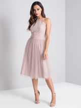 Premium Lace Bodice Midi Dress in Pink
