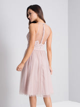 Premium Lace Bodice Midi Dress in Pink