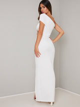 Sequin Maxi Dress with Knee-High Split in White