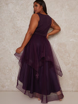 Plus Size Dip Hem High Neck Dress with Tulle Skirt in Purple
