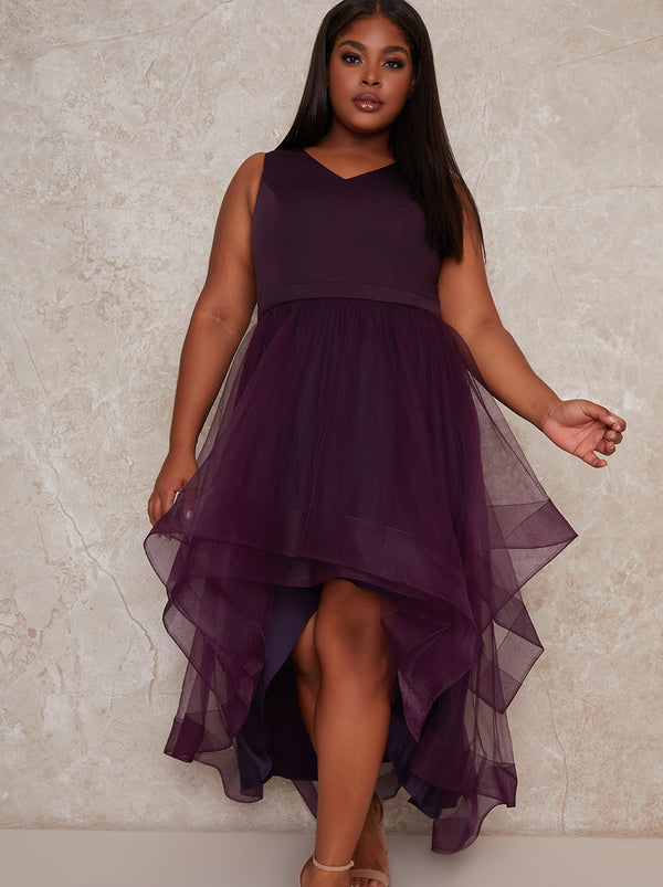 Plus Size Dip Hem High Neck Dress with Tulle Skirt in Purple