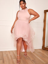 Plus Size Dip Hem High Neck Dress with Tulle Skirt in Pink