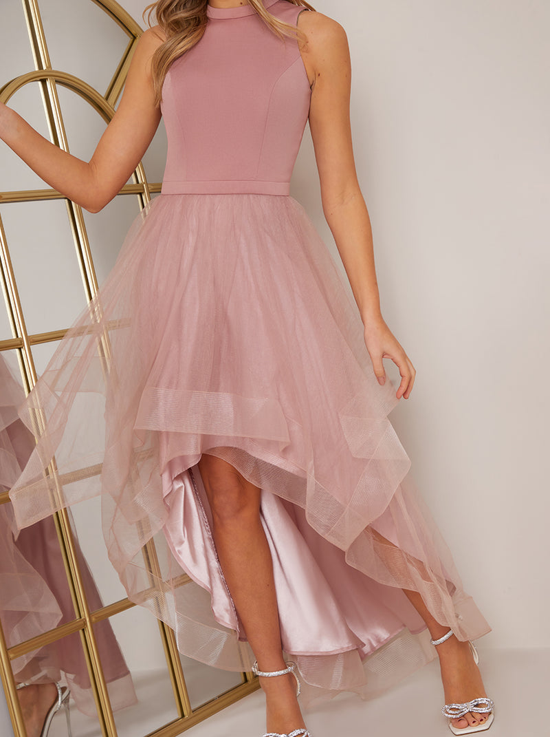 Dip Hem High Neck Dress with Tulle Skirt in Pink