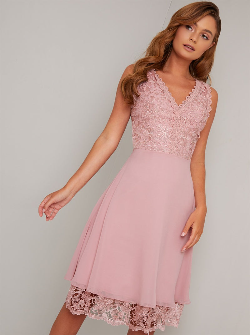 Premium Lace Bodice Hem Detail Midi Dress in Pink