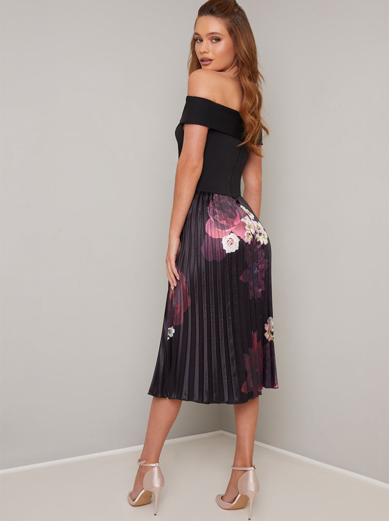 Bardot Floral Print Pleat Midi Dress in Black